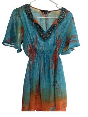 Mushka Hushkaby Sienna Rose Boho Maxi Dress Beaded V-Neck Sheer Chiffon Size M